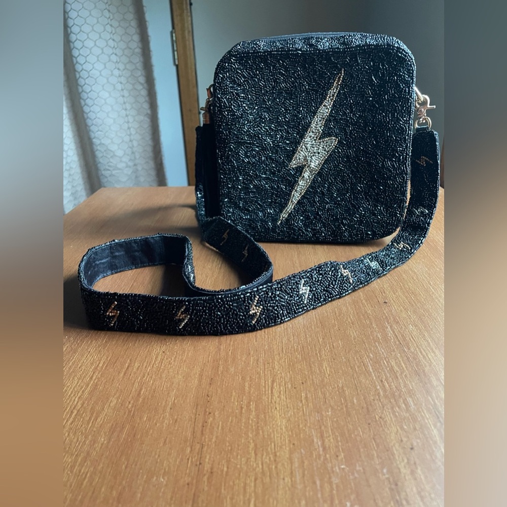 Moyna NYC Beaded Black and Gold and Silver Lightening Bolt Crossbody Bag
